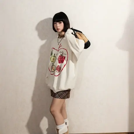 YEP复古印花圆领卫衣女春秋2025新款加厚插肩袖套头无帽上衣加绒商品大图