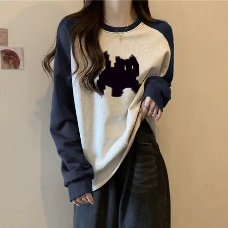 童趣风卡通无帽圆领卫衣女2023年新款薄款秋装宽松插肩袖上衣潮牌商品大图