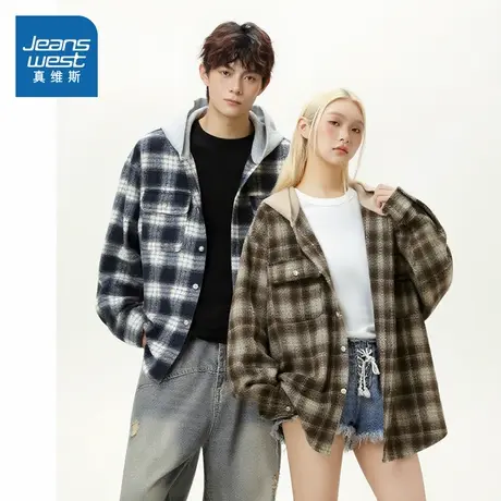D4真维斯男女同款2025秋季新款 美式高街拼接磨毛格纹连帽衬衫图片