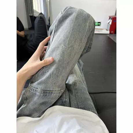 美式复古闪电纹牛仔裤男夏季薄款水洗裤子宽松直筒口袋设计微喇裤图片
