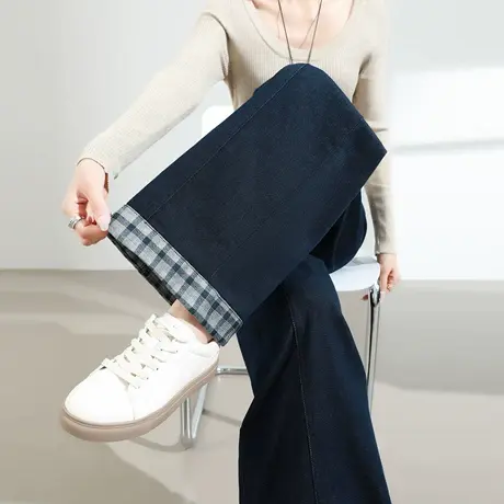格子卷边阔腿牛仔裤女2025春秋新款高腰宽松显瘦垂感直筒拖地裤子商品大图