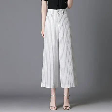 直筒阔腿裤女2025夏季新款垂感宽松高腰显瘦休闲裤大码九分条纹裤商品大图