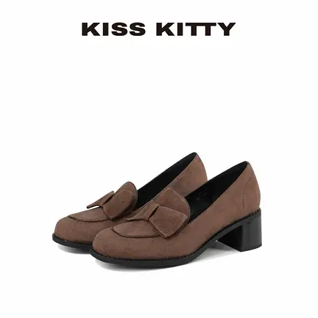 【呼呼专享】KISSKITTY深口单鞋女棕色麂皮一脚蹬乐福粗跟高跟鞋商品大图