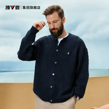 雅鹿开衫外套男cleanfit针织衫2025秋冬含羊毛麻花美式老钱风毛衣商品大图
