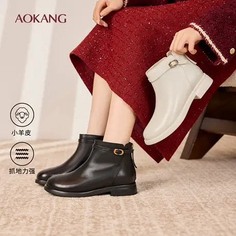 奥康 女鞋2025冬季时装靴质感羊皮短筒大气通勤百搭短靴门店发货图片
