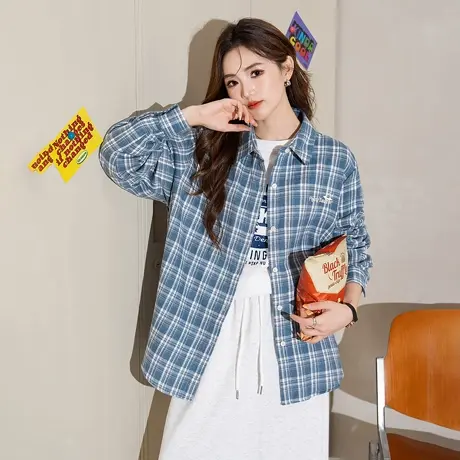唐狮新款女长袖格子衬衫外套港风翻领宽松前胸刺绣上衣blTM图片