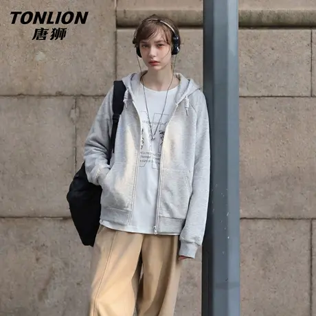 唐狮官方连帽卫衣外套女2026新款春季美式大码开衫帽衫慵懒上衣VC图片