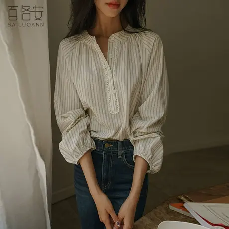 百洛安复古条纹衬衫女2023秋季新款气质圆领宽松长袖上衣百搭衬衣图片