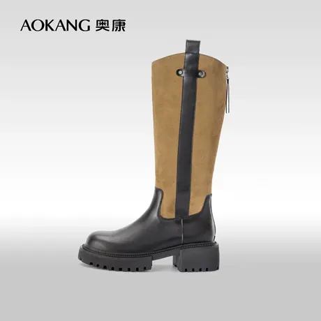 奥康女鞋 冬季新款时尚休闲西部靴拼接长筒烟管靴女士靴子潮图片