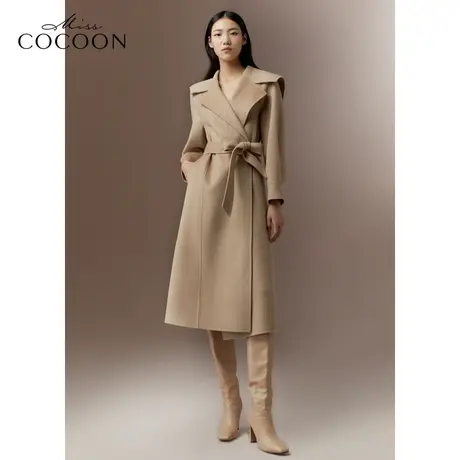 COCOON商场同款2023秋冬新款大翻领绵羊毛风衣式毛呢外套商品大图