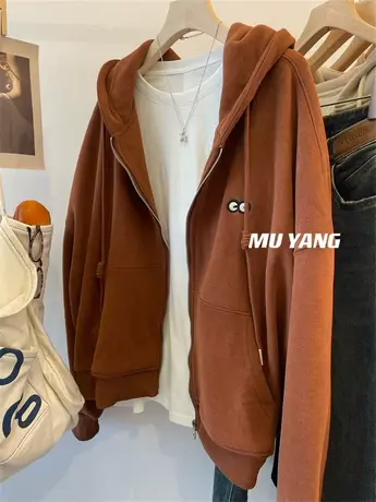 韩国加绒加厚 刺绣小眼睛 连帽休闲宽松卫衣外套女秋冬季新款上衣商品大图