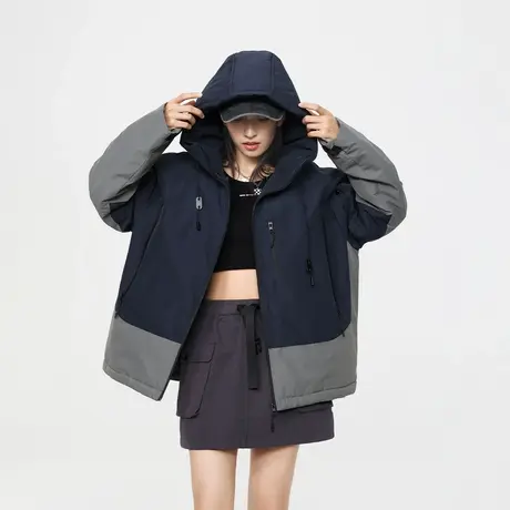 美式潮牌拼接棉服女冬季夹棉连帽外套2023新款复古宽松棉衣商品大图