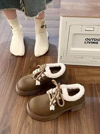 小皮鞋女2023新款秋冬季厚底加绒保暖女鞋英伦风乐福鞋复古毛毛鞋商品大图