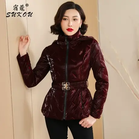 免洗酒红色亮面短款羽绒服女2023冬季新款白鸭绒修身保暖妈妈外套商品大图