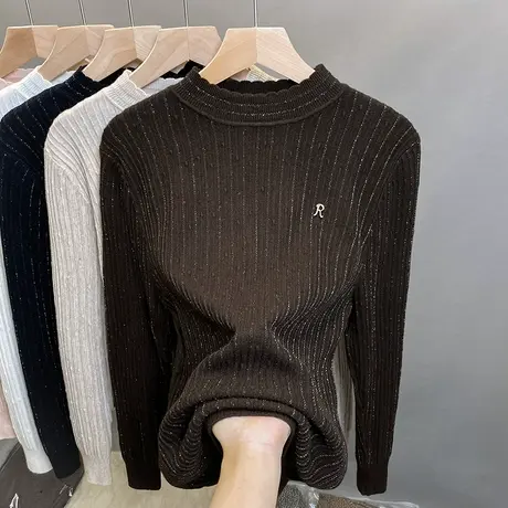 半高领毛衣女亮丝打底衫2023秋冬新款套头外穿针织衫洋气内搭上衣商品大图