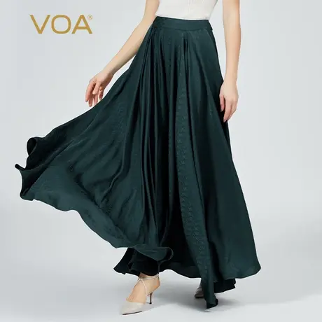 VOA提花桑蚕丝孔雀绿自然腰斜插口袋宽松舒适典雅真丝阔腿裙裤图片