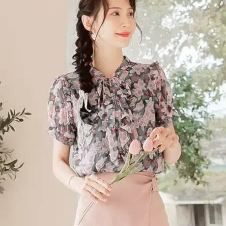 桔熊夏季复古玫瑰印花雪纺衫荷叶边蝴蝶结系带上衣女大码AB16789图片