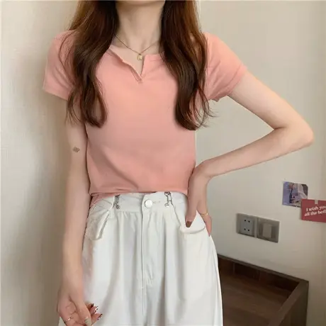 别致独特设计感v领正肩小众短袖t恤女夏季女装短款高腰辣妹上衣潮商品大图
