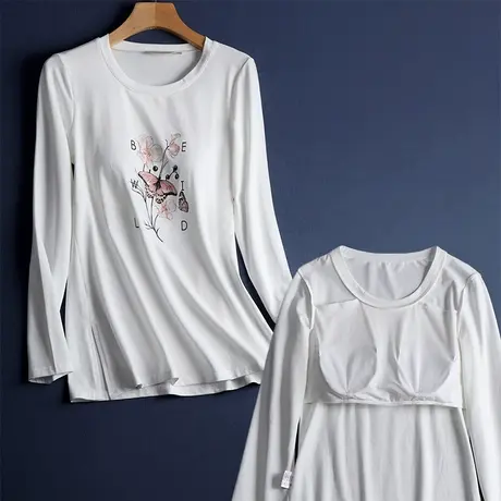 两边开叉带胸垫上衣 双侧开叉小花朵印花中长款显瘦T恤女打底衫商品大图