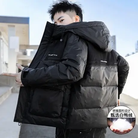 羽绒服男士2023年冬季新款潮流加厚短款廓形外套帅气拼接亮面冬装图片