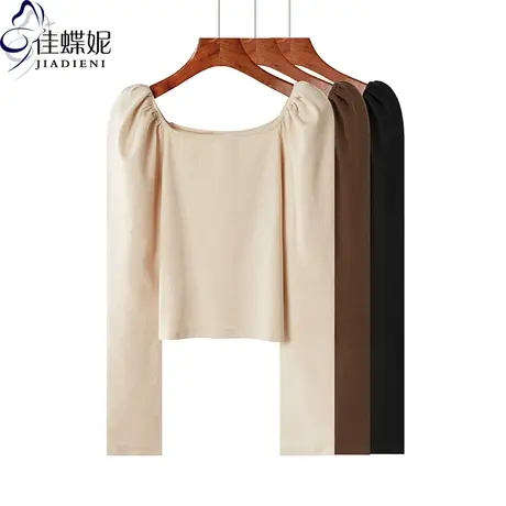 秋季新款韩版方领修身纯棉短款纯色泡泡袖长袖体恤上衣内搭女装商品大图