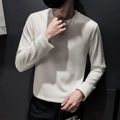 2023春季男士纯色t恤上衣长袖修身潮流圆领体恤简约暗条纹打底衫商品大图