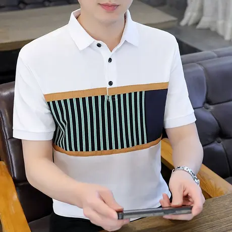 夏季条纹短袖t恤男士潮牌圆领半截袖Polo衫男装拼接撞色上衣潮流T商品大图