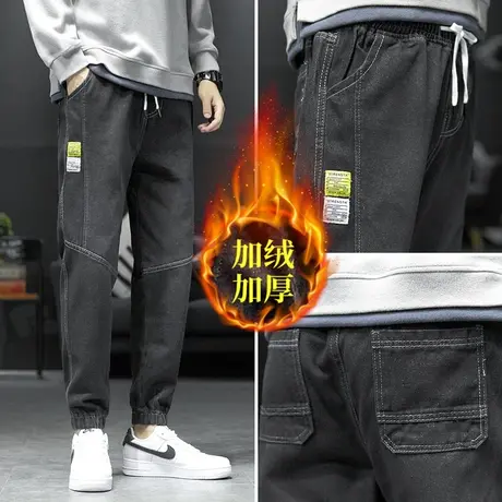 男士工装裤2021秋冬季款休闲长裤子潮牌宽松束脚哈伦卫裤加绒加厚商品大图