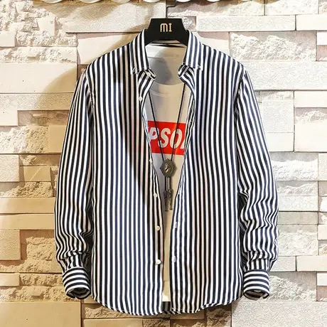 春秋季黑白条纹衬衫男长袖韩版潮流帅气衬衣男士秋装上衣休闲外套商品大图