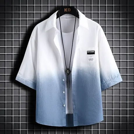 男士衬衫2023新款夏季潮流棉感渐变色短袖衬衣潮牌高级感薄款外套图片