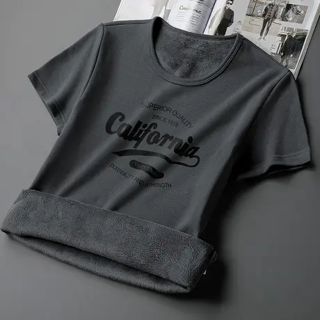 短袖t恤男装2024新款潮流印花打底衫圆领秋冬季保暖加绒加厚半袖商品大图