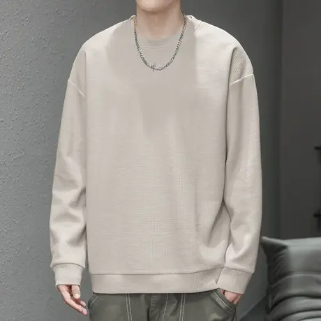 男士卫衣华夫格潮牌秋冬款加绒加厚套头无帽上衣圆领纯色长袖t恤商品大图