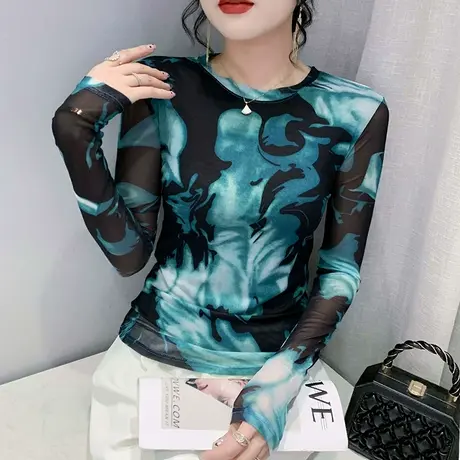 外穿冰丝罩衫T恤女长袖欧货圆领洋气内搭打底衫性感网纱扎染上衣商品大图