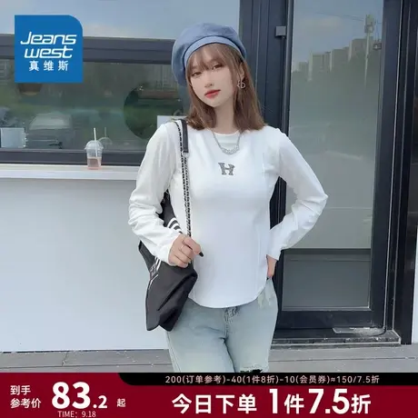 KI真维斯女装2023秋季新款 时尚印花宽松圆领套头圆领长袖休闲T商品大图