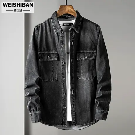 威仕班复古黑灰色长袖衬衣男装重洗水休闲牛仔衬衫外套怀旧外穿商品大图