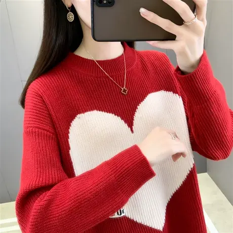 爆款圆领红色毛衣女冬厚2022年新款套头洋气内搭针织打底衫女上衣图片