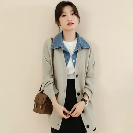 韩潮袭人2023冬新款POLO领拼接假两件宽松休闲开衫毛衣外套女厚图片