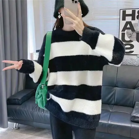 秋装女装条纹针织衫女2023新款秋款时尚洋气中长款毛衣打底衫上衣商品大图