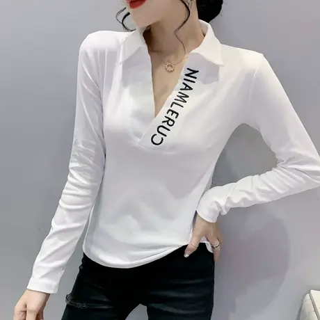 字母刺绣POLO领长袖T恤女修身显瘦打底衫欧货百搭别致气质上衣秋图片