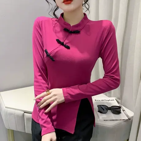 复古盘扣打底衫女春秋2024新款设计感不规则T恤长袖开叉下摆上衣商品大图