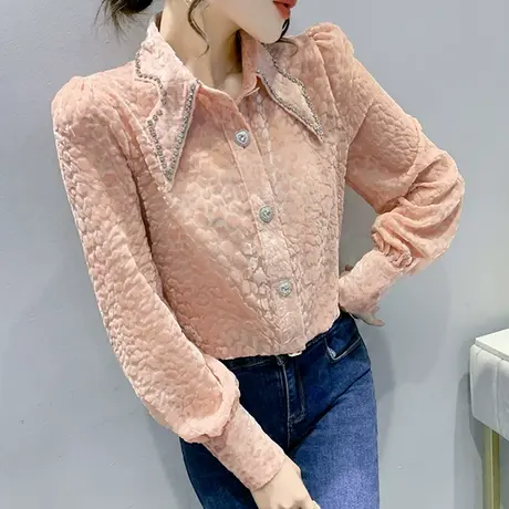 2024春秋新款别致衬衫女长袖设计感小众钉珠上衣性感微透打底衫潮图片