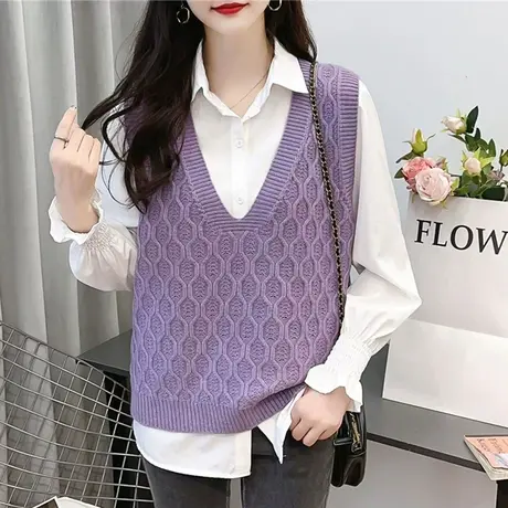 V领2023秋冬季新款针织马甲背心女叠穿上衣宽松学院风无袖外套女图片