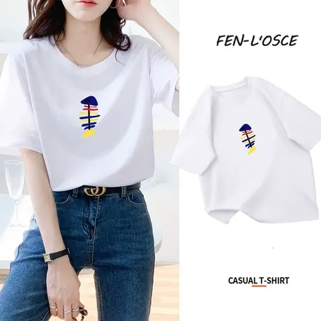 短袖t恤女2023年夏季新款设计感小众宽松大码鱼骨印花纯棉上衣潮商品大图