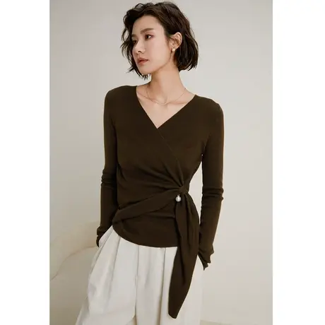 弥古黑色针织衫上衣设计感女小众法式秋冬交叉v领毛衣打底衫内搭商品大图