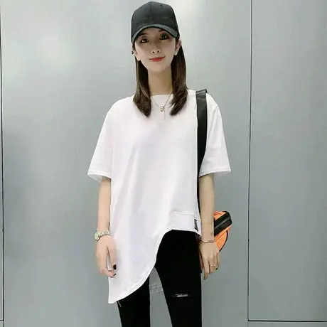 欧洲站新品短袖上衣春夏洋气体恤小心机设计感不规则后背字母T恤图片