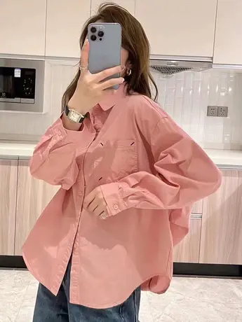 2023春季简约粉色衬衫女长袖设计感复古港味宽松显瘦百搭休闲上衣商品大图