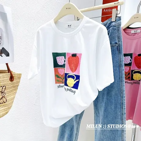 小个子正肩短袖上衣2023夏季新款韩版ins清新草莓纯棉T恤打底衫图片