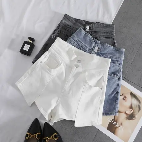 排扣口袋弹力牛仔短裤女2022春季新款高腰显瘦气质百搭ins阔腿裤图片