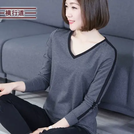 V领打底衫大码妈妈撞色宽松2023冬装新款休闲黑色长袖T恤女装上衣商品大图