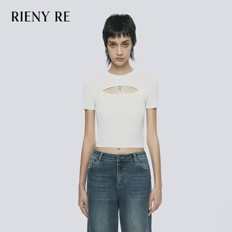 RIENYRE短袖女2023秋新款美式复古镂空设计感甜辣短款针织衫上衣商品大图